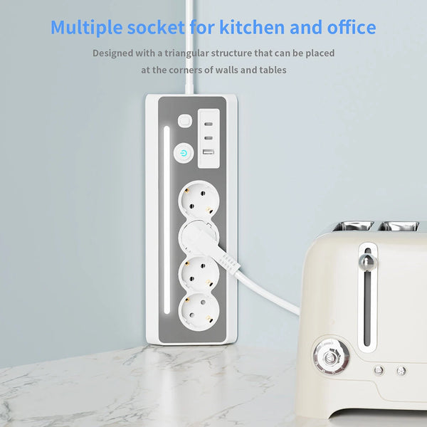 European Power Strip 4 Sockets with USB and Type-C Ports LED Light 3680W 250V 16A Flame Retardant PC Material 1.4m Cable