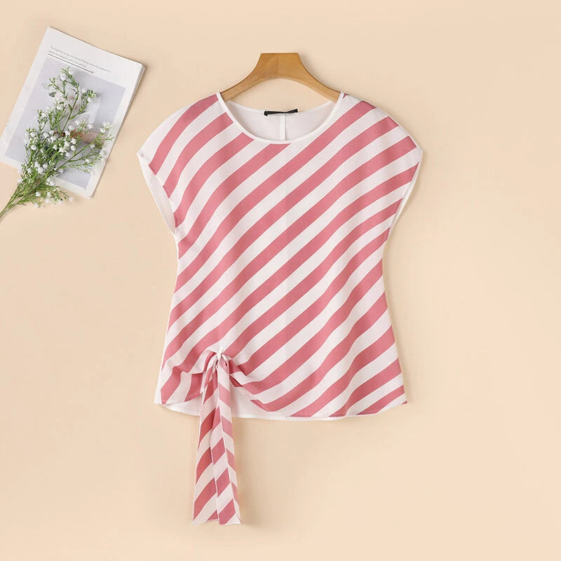 ZANZEA Women Striped Printed T-shirt Fashion Short Sleeve Tee Holiday Summer Holiday Belted Design Casual Simple Tops