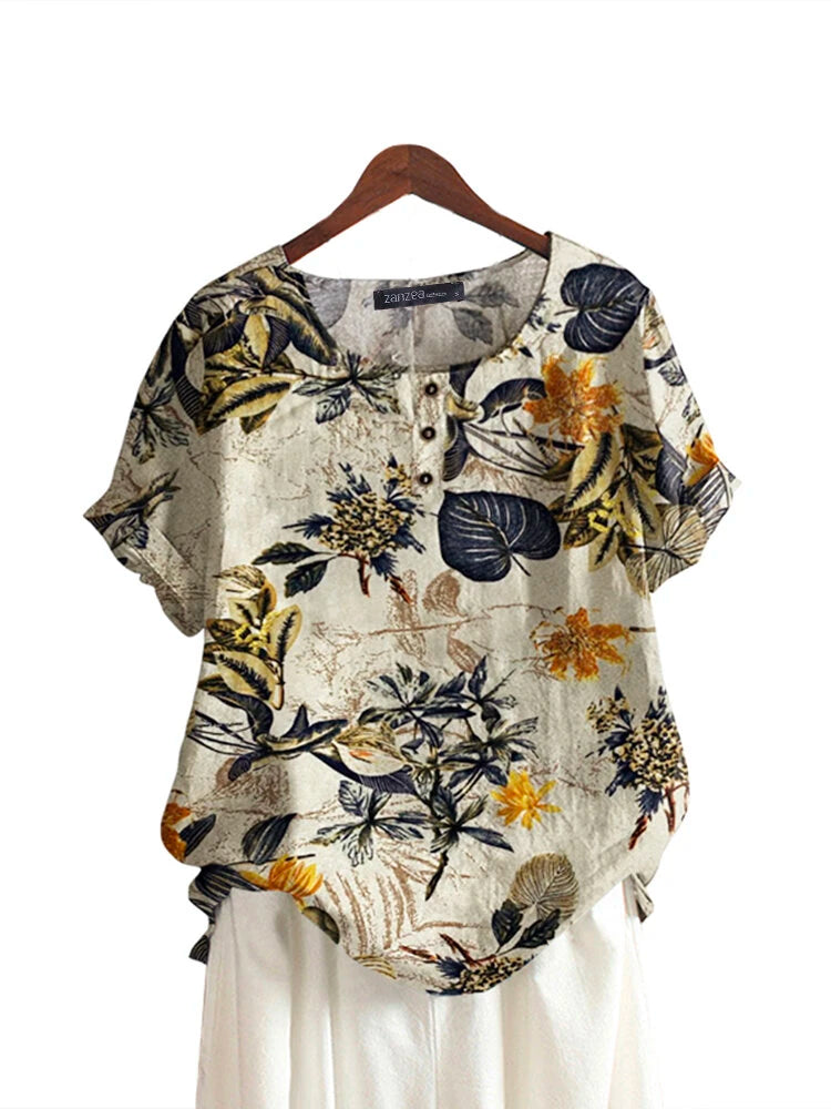 ZANZEA Plus Size Women's Shirt Cotton Linen Printed Casual Short Sleeve O Neck Loose Blouse Summer Daily Top for Women