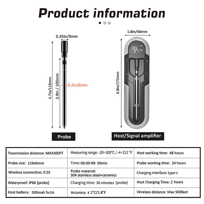 -4F to 212F Bluetooth Wireless Meat Steak Food Electronic Thermometer Grill Probe Smart Meat Food Kitchen Wireless Grill Thermometer