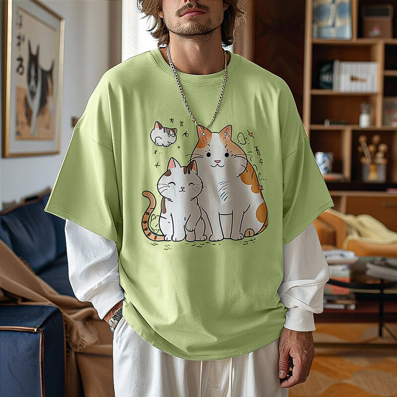 INCERUN Mens Cat Print Long Sleeve T-Shirt Casual Comfortable Crew Neck Top for Male Spring Fall S-5XL