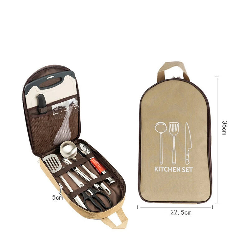 Portable Camping Kitchen Utensil Organizer Bag, Convenient Carry Case For Outdoor BBQ & Cooking Tools, Compact Cutlery Travel Set