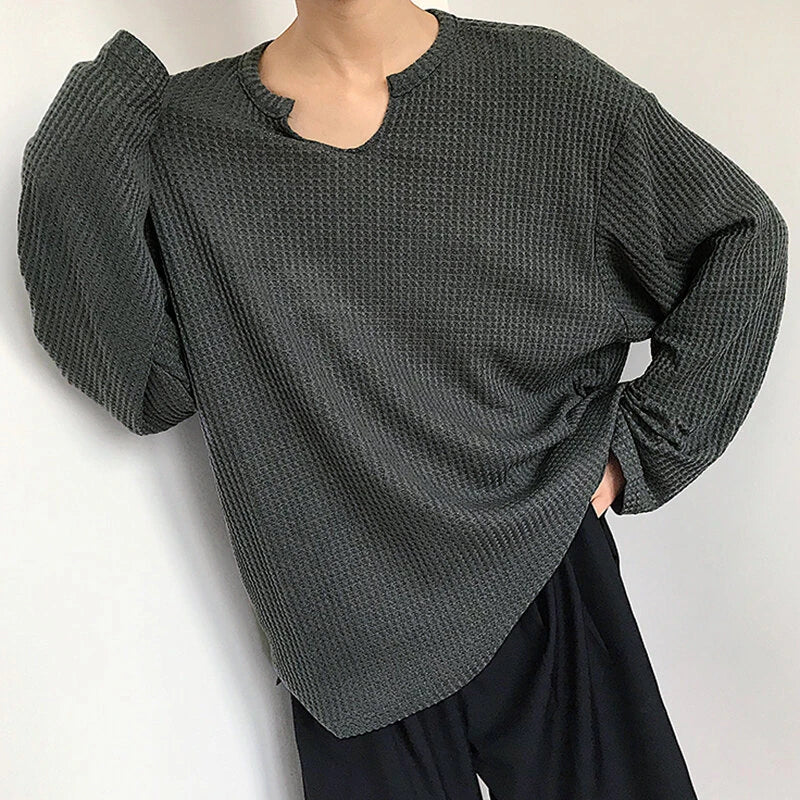 INCERUN Men Tshirt Comfy Loose Fit Long Sleeve T-Shirt Solid Color Notched Neck Knit Daily Casual T-Shirt