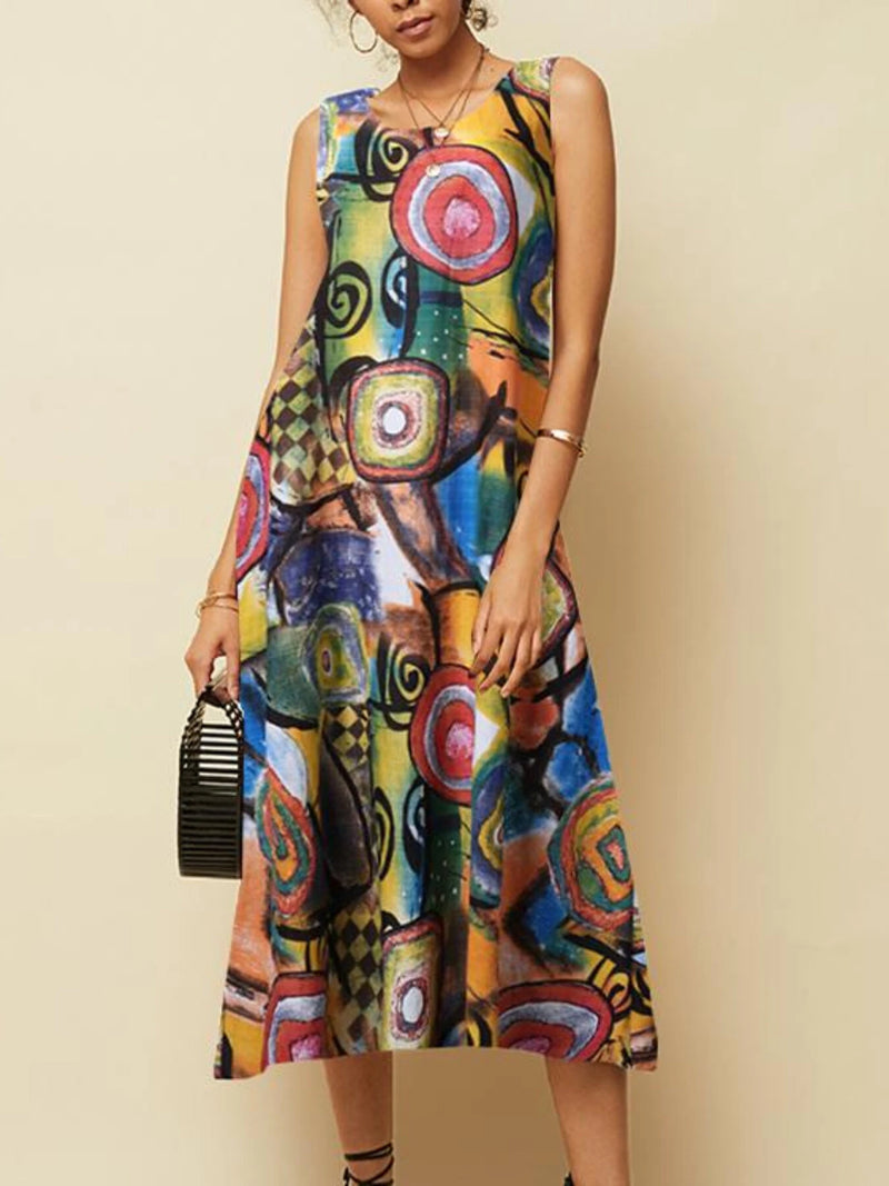 ZANZEA Plus Size Women Long Dress Retro O-neck Abstracted Print Sleeveless Beach Maxi Dress with Pockets