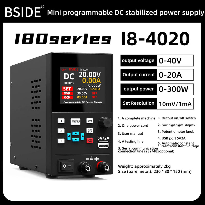 BSIDE I8305/I83010/I84020 Adjustable Power Supply High Capacity Output up to 300W with Precise Control Effective Air Cooled System Lightweight and Compact Design for Versatile Electronics Use