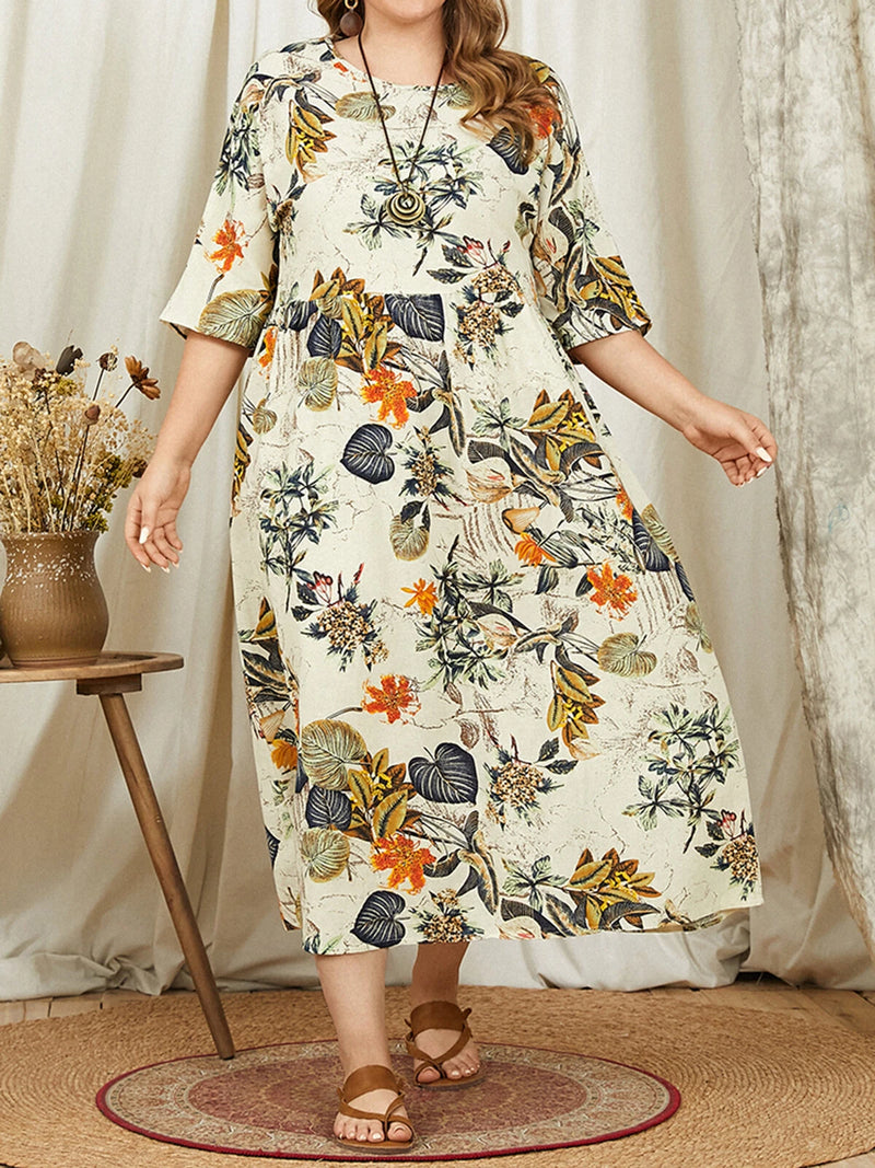 ZANZEA Plus Size Women Beach Long Dress Retro Floral Printed Round Neck Three Quarter Sleeve Pleated Beach Maxi Dresses