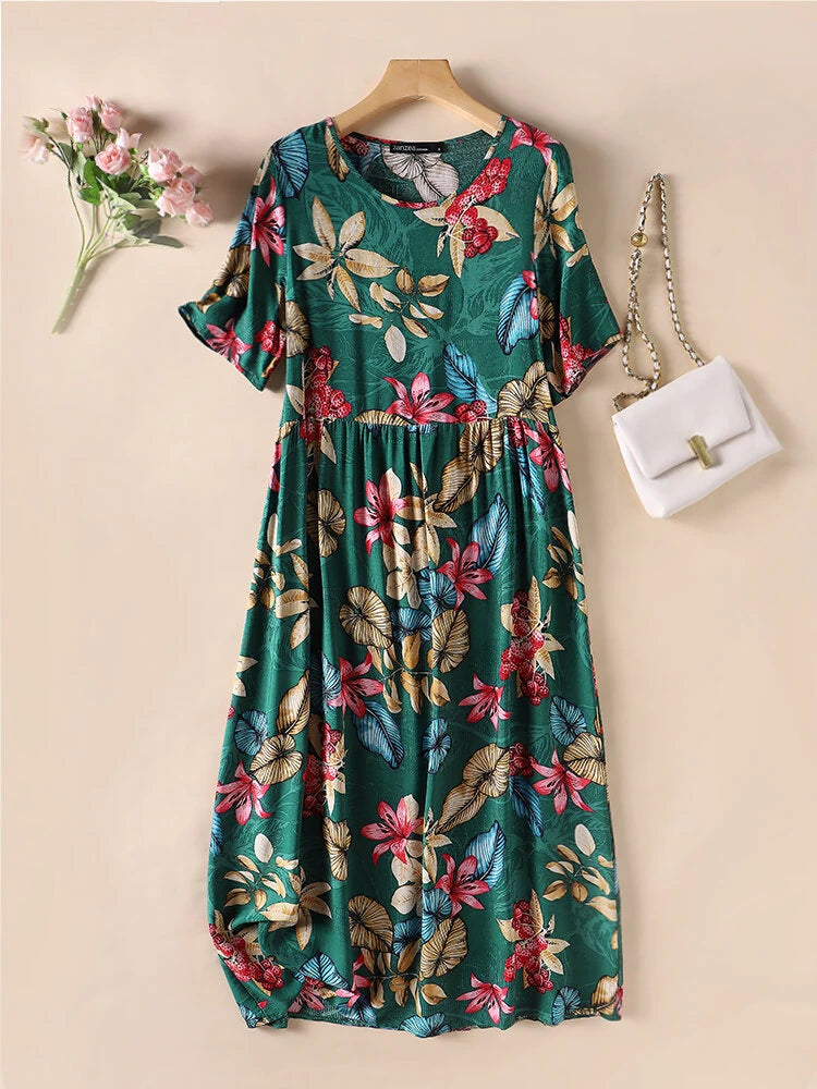 ZANZEA Womens Summer Short Sleeve Printed Swing Long Maxi Dress Holiday Beach Sundress