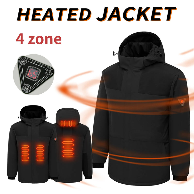 TENGOO HJ-04B 4 Heating Areas Jacket Windbreaker Unisex 3-Gear Thermal High Neck Hooded Coat Windproof Comfy Outerwear for Winter Hiking Outdoor Sport