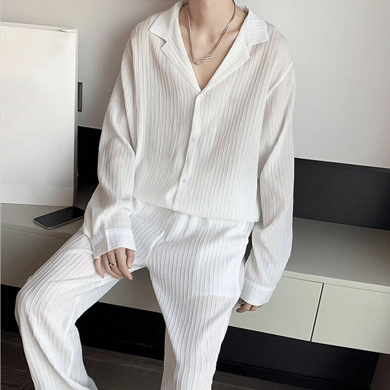 INCERUN Men Sets Solid Color Fashion Lapel Long Sleeve Shirt & Pants 2PCS Pleated Loose Streetwear Men Casual Suits S-5XL