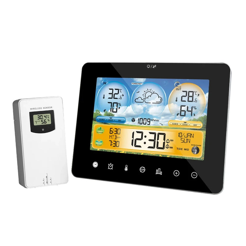 Multifunctional Touchscreen Weather Station Alarm Clock Wireless Weather Station Color Screen Touch Screen Alarm Clock Hygrometer Thermometer Sun Weather Barometer Tidal Forecast Sensor