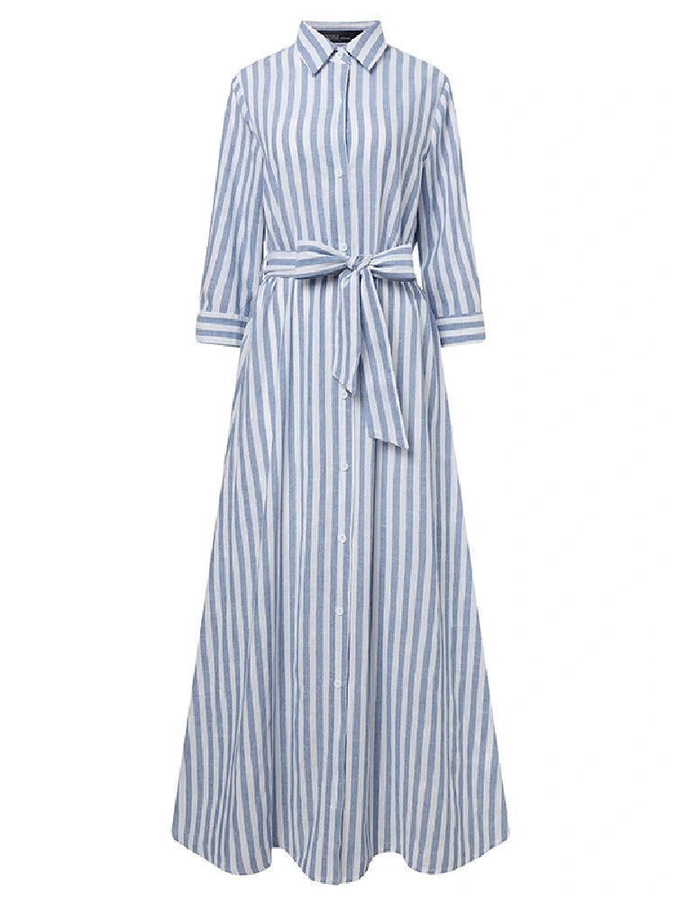 ZANZEA Women 100% Cotton Classical Striped Print Lapel Button Front Lace-Up Casual Shirt Dress