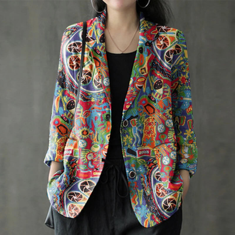 ZANZEA Womens Ethnic Prints Blazer Vacation Thin Suit Coat Retro Lapel Cotton Linen Printing Long Sleeve Blazer