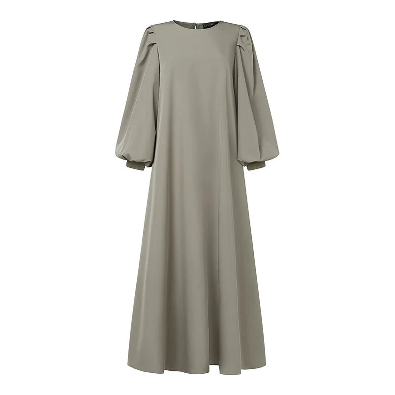 ZANZEA Women Ethnic Stylish Solid Crew Neck Maxi Dress Elegant Lantern Sleeves A-Line Dress