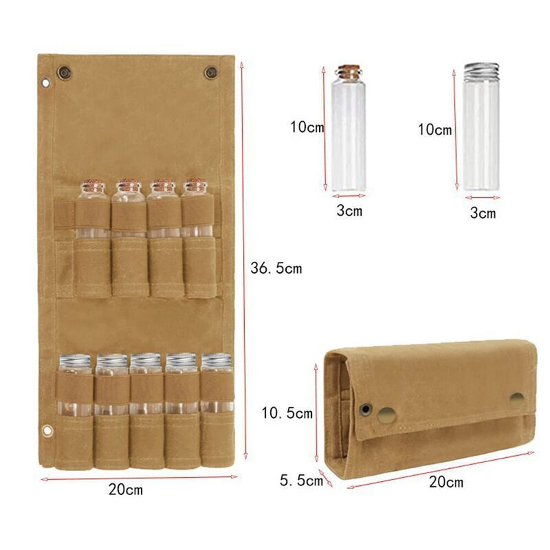 IPRee Reliable Outdoor Camping Spice Bottle Storage Bag Free with 9pcs Glass Spice Bottle Storage Bag BBQ Seasoning Bottle Canvas Bag