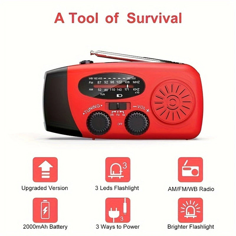 Weather Alert Emergency RadioAM/FM/NOAA Emergency Radio Solar Hand Crank USB Charging Generator 2000mAh Power Bank Flashlight