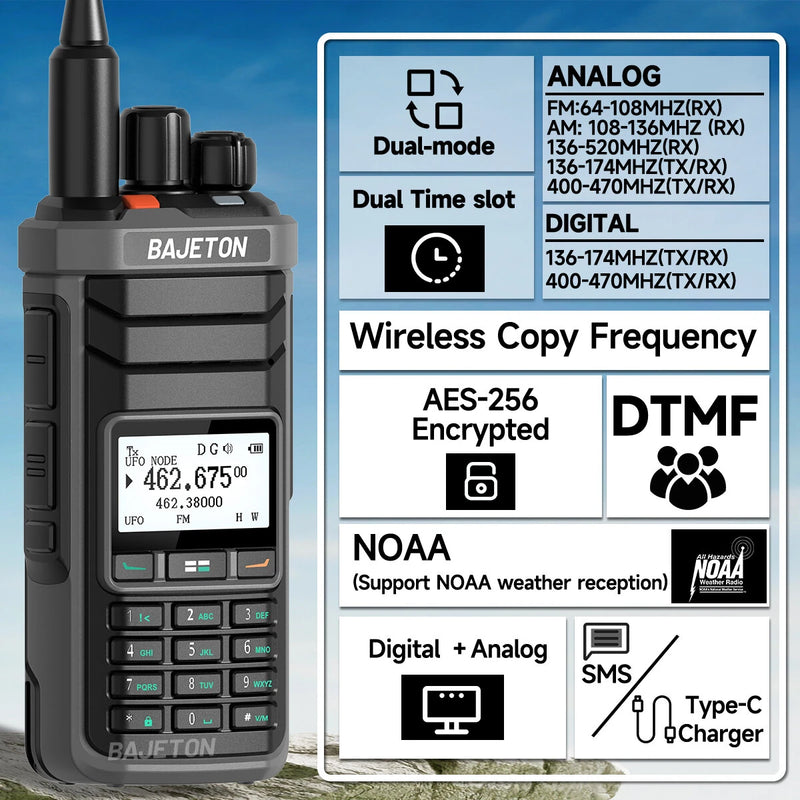 BAJETON DM-5000 DMR Digital Analog Walkie Talkie with AES-256 / AES-128 / ARC Encryption Dual Time Slot NOAA Weather Reception SMS DTMF 1024 Channels Long Range Communication Two-way Radio