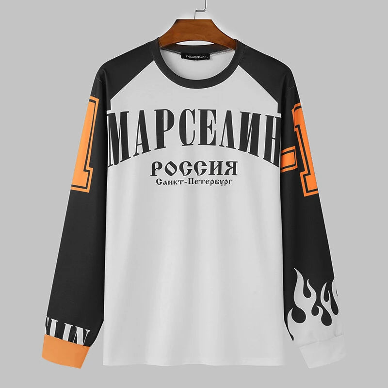 INCERUN Mens Casual Color-Block Long-Sleeve T-Shirt Fashion Loose Fit Crew Neck Racing Tshirt for Male S-5XL