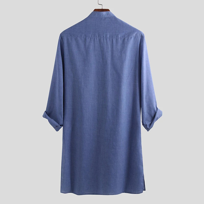 INCERUN Men Islamic Thobe Kaftan Knee Length Maxi Tunic Shirts Gown Stand Collar Long Sleeve Mid Long Casual Shirts