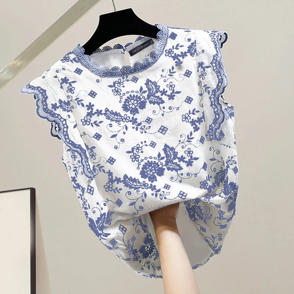 ZANZEA Women Patchwork Lace Print Loose Fit Tank Top Comftable Sleeveless Floral Vest Summer Daily Top for Women