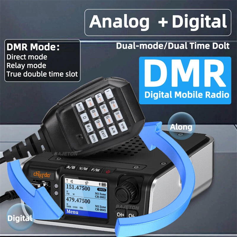 Chierda M520D DMR Digital Mobile Radio 25W VHF UHF Dual Band GPS bluetooth 5.1 Analog Digital Dual Mode Long Range 3000CH Professional Walkie Talkie with Hand Mic