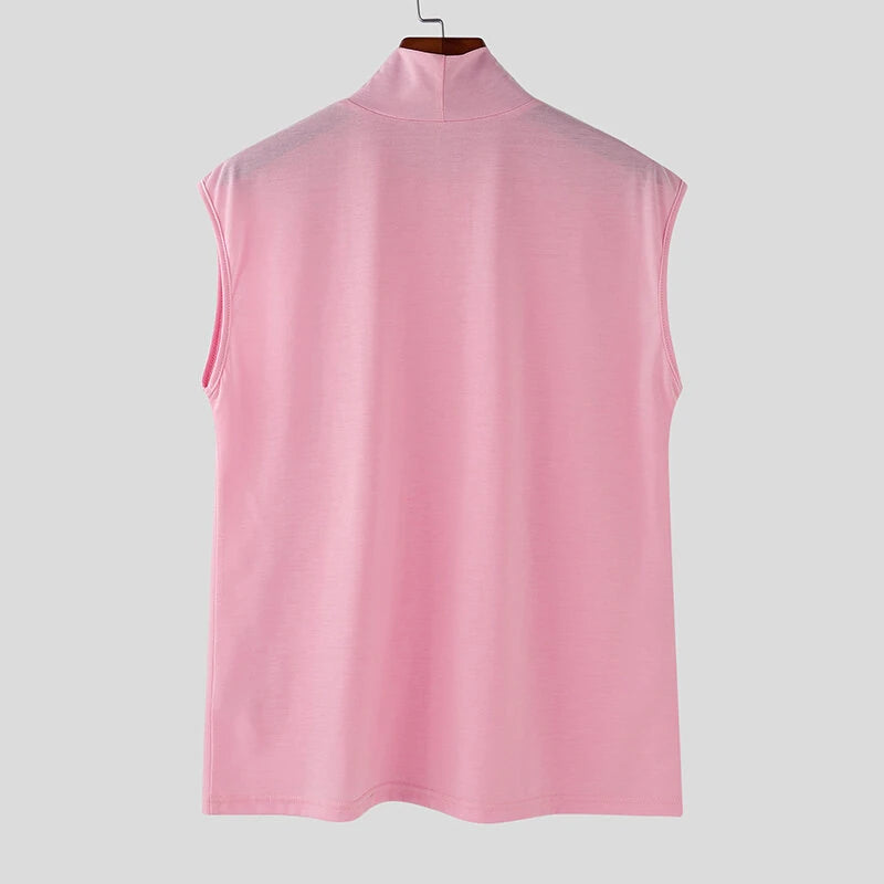 INCERUN Mens Casual Daily Print Vest Stretch Turtleneck Tank Top for Male