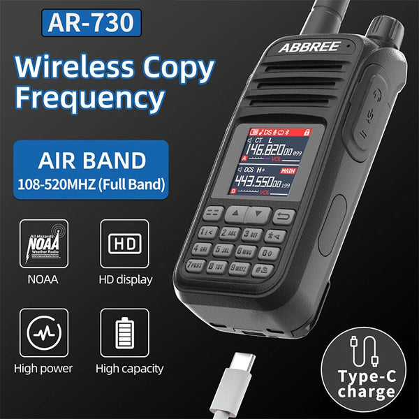 ABBREE AR-730 High-Power Walkie Talkie EU Plug 136-520MHz 256 Channels HD Display Screen NOAA Handheld Two Way Radio