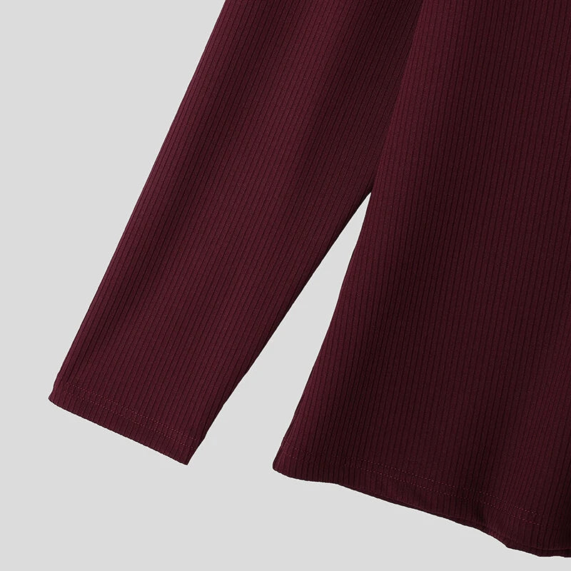 INCERUN Mens Striped Long Sleeve T-Shirt Knitted Solid Color Fashion Big V-neck Tshirt for Male S-5XL