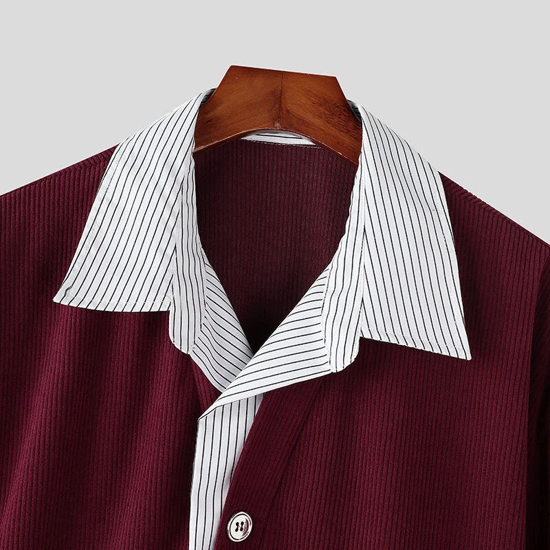 INCERUN Mens Textured Patchwork Striped Long Sleeve Shirt Fashion Lapel Men Top Comfortable