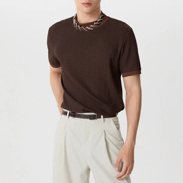INCERUN Mens Half-collar Solid Knitted pit-stripe Short Sleeve T-shirt
