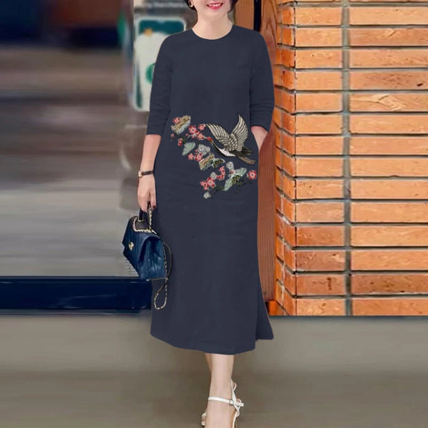 ZANZEA Women's Dresses Vintage Casual 3/4 Sleeve Round Neck Dress Floral Embroidery Split Shift Dresses