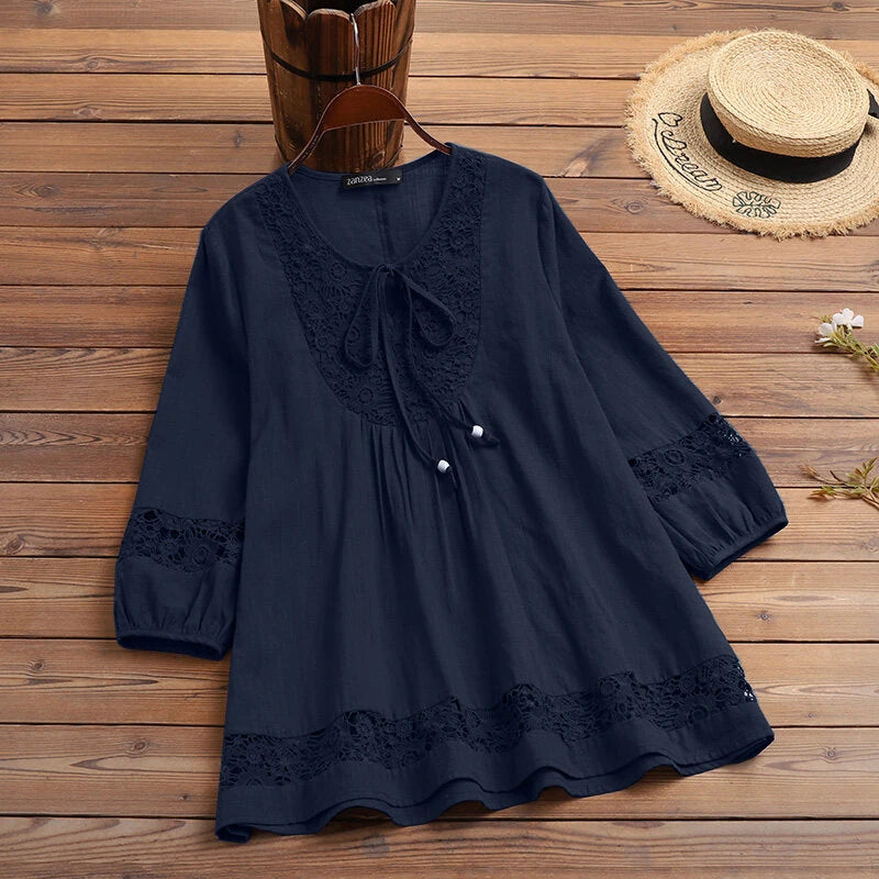 ZANZEA Women's Shirt Solid Lace Blouse Eyelet Lace Patchwork 3/4 Length Sleeve Top Summer Daily Casual Shirts