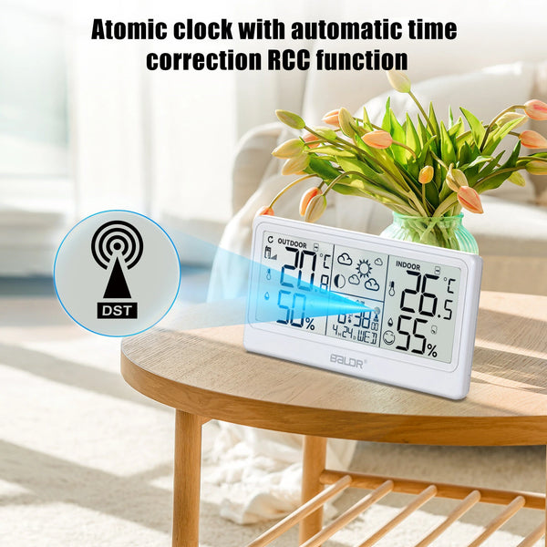 BALDR 8.5" LCD Screen Weather Station RCC Alarm Clock Digital Temperature Humidity Meter Weather Forecast Calendar Moon Phases Wireless Forecast Sensor