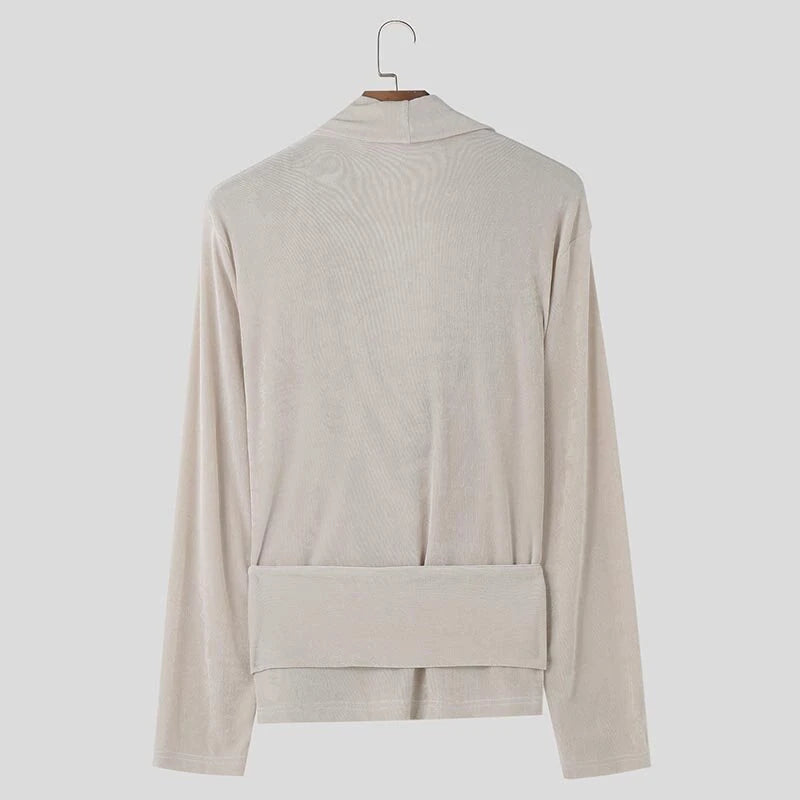 INCERUN Mens French Elegance Draped Neck Shirt Fashion High Elastic Solid Color Long Sleeve Top for Men