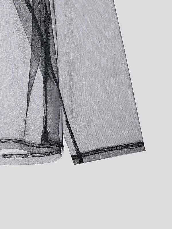 INCERUN Mens Shirt Fashion Swing Neck Patchwork Mesh Fabric Long Sleeve Shirts See Through Nightcklub Mens Clothing