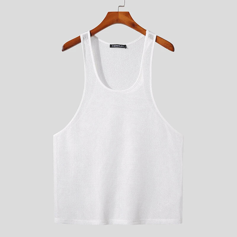 INCERUN Men Tank Tops Mesh Transparent O-neck Sleeveless Vests Streetwear Summer Breathable Fashion Men Clothing S-5XL