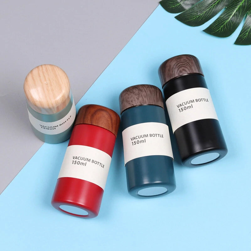 150/250ml Insulated Bottle Wood Grain Mini Cute Stainless Steel Thermos Cup Portable Pocket Vacuum Bottle Mini Coffee Mug with Tea Leak for Home Travel Outdoor