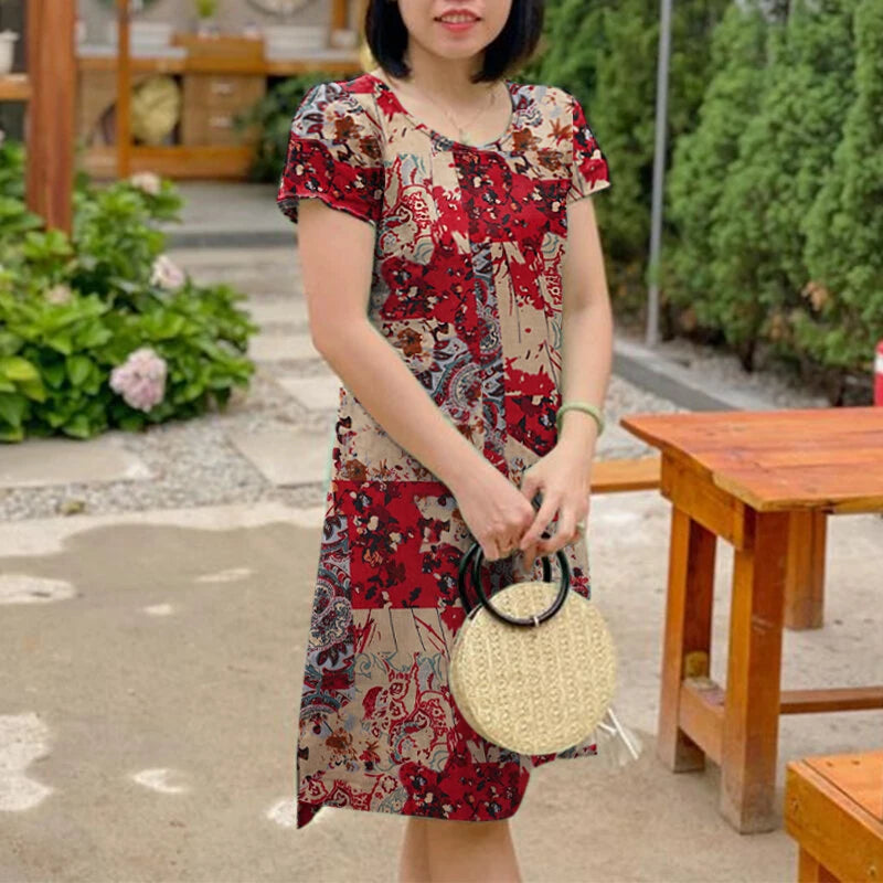 ZANZEA Women Chic Printed Short Sleeve Dress Plus Size Loose Fit, Perfect for Work & Everyday