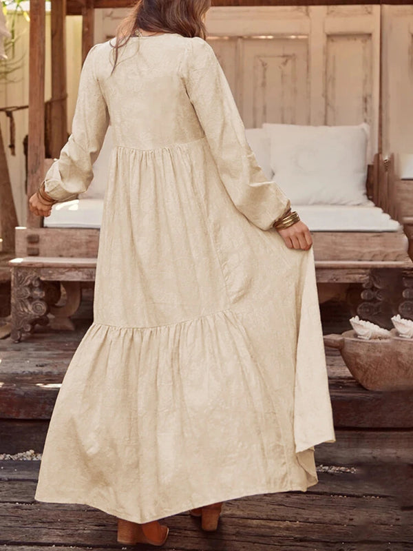 ZANZEA Plus Size Women Long Dress Solid Color V-neck Long Sleeve Causal Maxi Dress