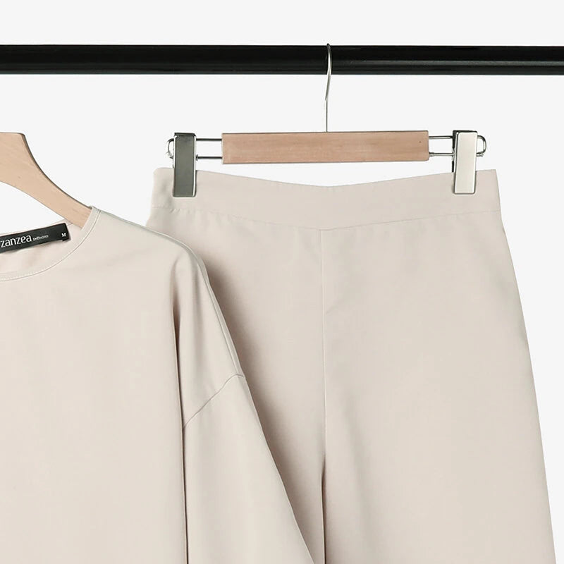 ZANZEA Women Casual Solid Top Pant Sets Spring Summer Puff Sleeve Top Wide Leg Trouser 2pcs Outfits Daily 2 Pieces Womens Suits 5XL Autumn