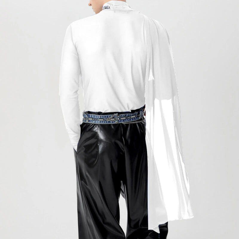 INCERUN Men Cross-Deconstructed Ribbon Design Long Sleeve Top T-shirts Fashion Solid Color See-through High Stretch Clothing for Men