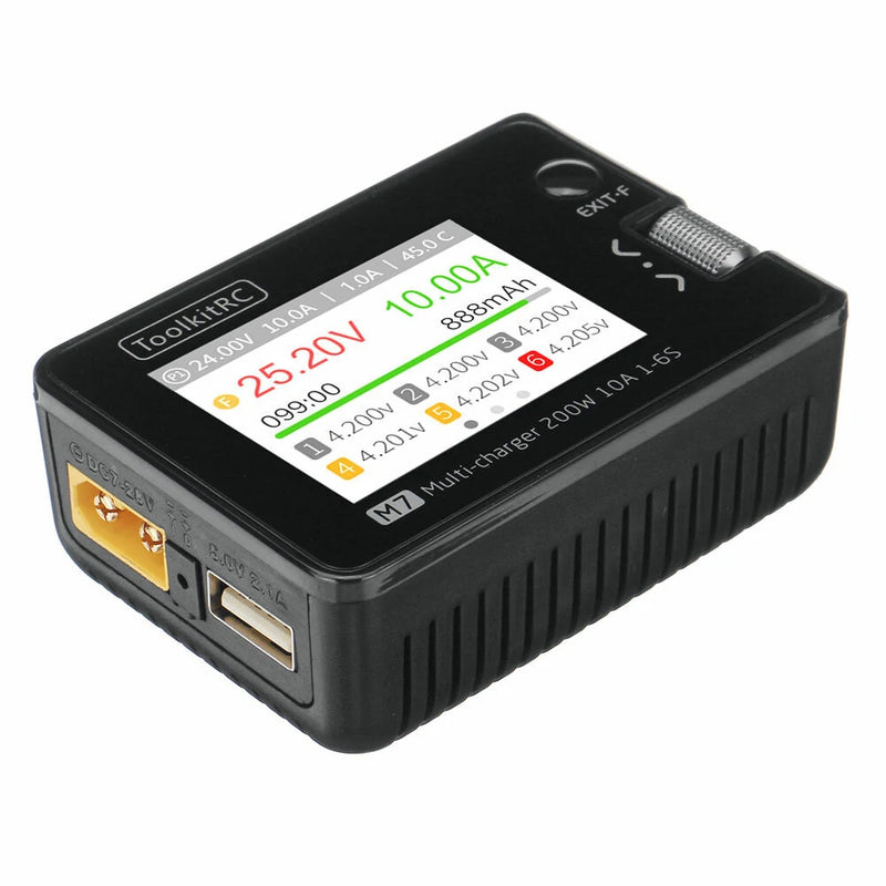 ToolkitRC M7 200W 10A DC Balance Charger Discharger for 1-6S Lipo Battery with With Voltage Servo Checker ESC Tester Receiver Signal Tester Quick Charger Function