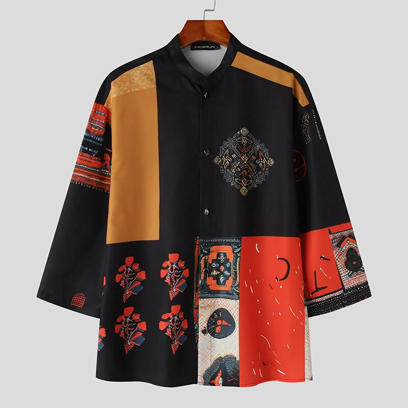 INCERUN Ethnic Style Mens Shirt, Mid-length Sleeve Stand Collar Loose Casual Shirt For Men Daily Vacation Streetwear
