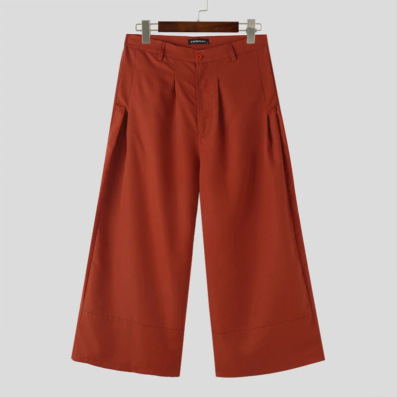 INCERUN Men Casual Baggy Pants Simple Solid Color Button Front Wide Leg Trousers for Men Large Size S-5XL