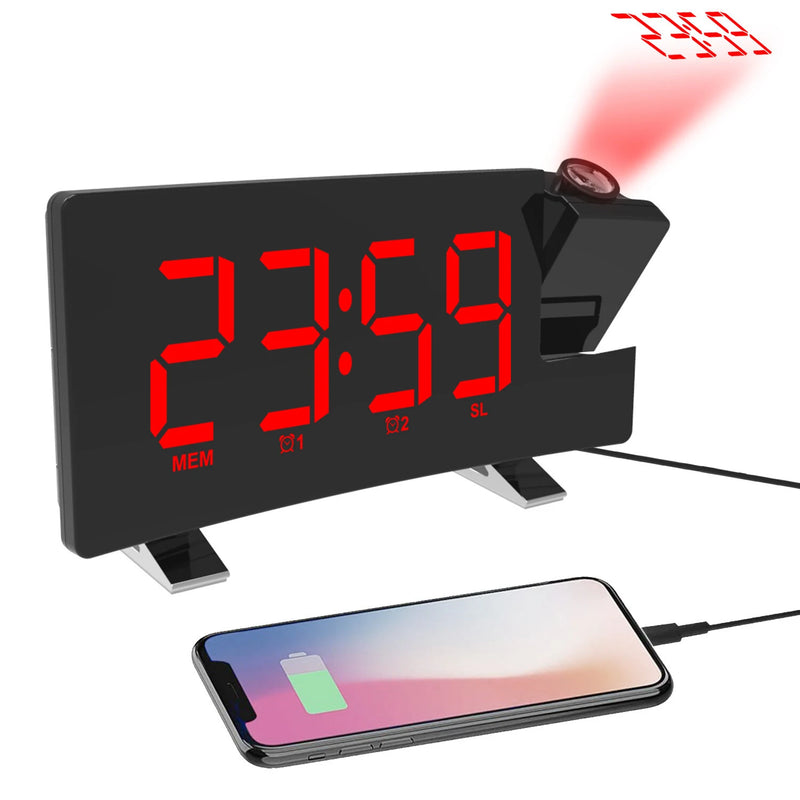 AGSIVO 8 Inch Projection Alarm Clock with 180 Rotatable Projector / FM Radio / Snooze / 3-Level Brightness Dimmer / Curved Clear LED Display / USB Charger For Bedroom Living Room