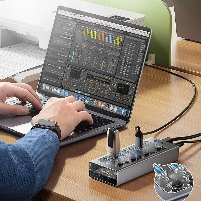 ORICO AT2U3 7-in-1 5Gbps USB 3.0 Hub Docking Station with Independent Power Switch 7xUSB-A Splitter Adapter for Macbook Mobile Phone Tablets