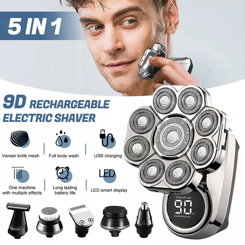 5 in 1 Electric Shaver Men's Grooming Kit Cordless Bald Shaver Wet and Dry Smart Multifunctional Electric Bald Head Shaver Washable Shaver