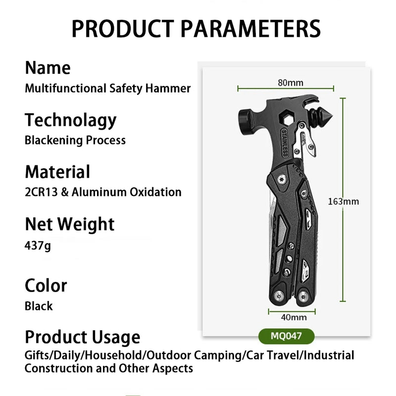 IPRee 16 In 1 Multifunctional Hammer Survival Tool Folding Pocket Pliers With Screwdriver Bottle Opener For Survival Camping Hunting Outdoor