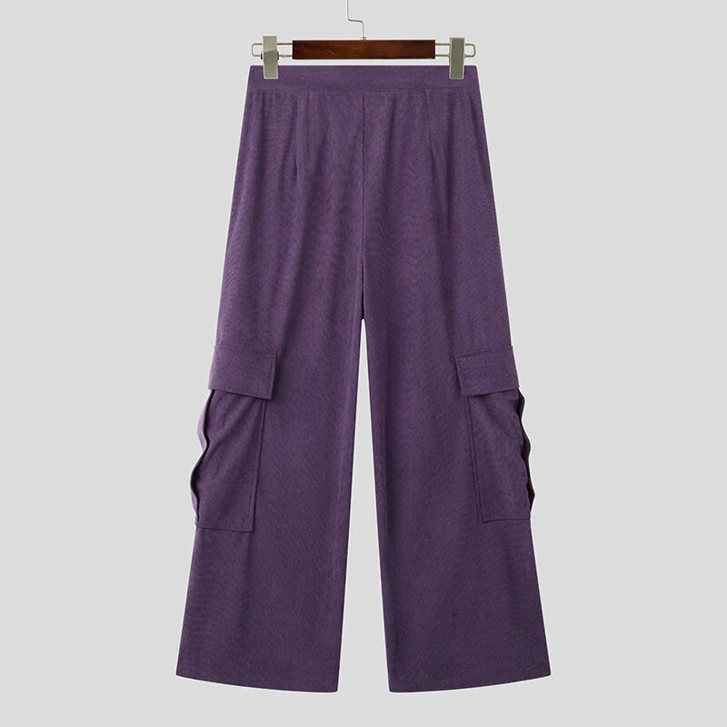 INCERUN Mens Textured Comfortable Straight Leg Pant Solid Color Casual Wide Legged Pants Male S-5XL