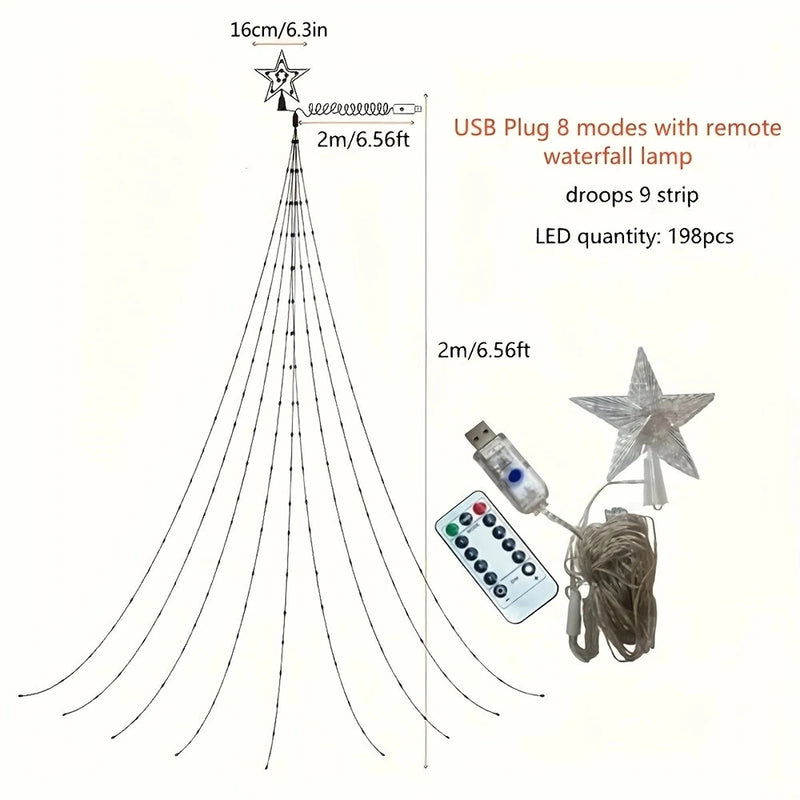 198 LED Five-Pointed Star Light Waterfall Light Water Trailing Light Christmas Holiday Decoration Light Garden Star Light String 8 Mode Function