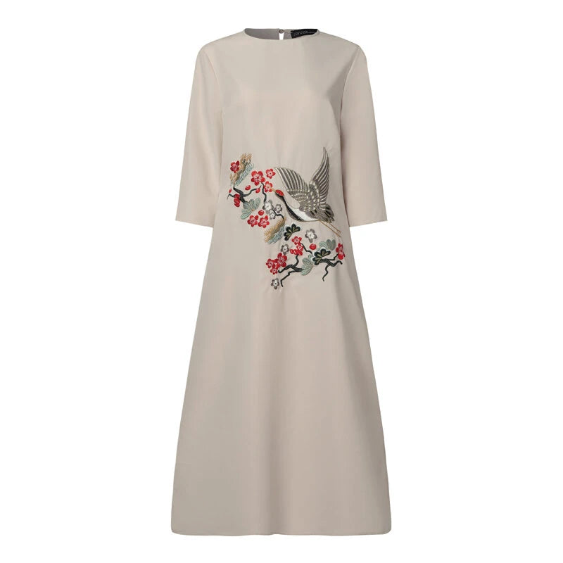 ZANZEA Women's Dresses Vintage Casual 3/4 Sleeve Round Neck Dress Floral Embroidery Split Shift Dresses
